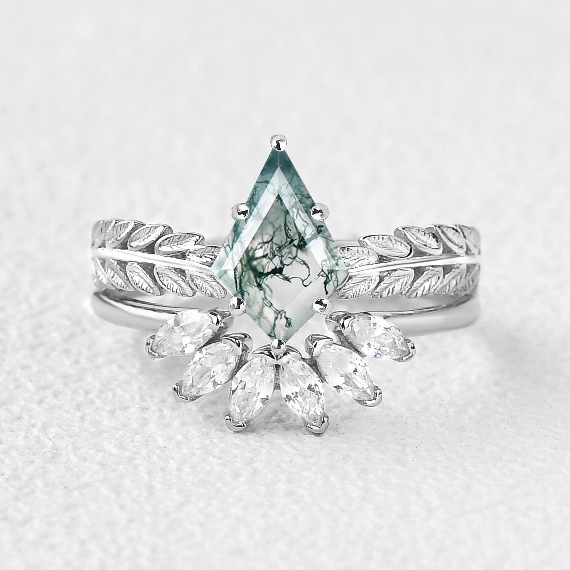 Affordable Creation Kite Cut Moss Agate Leafy Wheat Ear Cluster Engagement Ring Set 2pcs