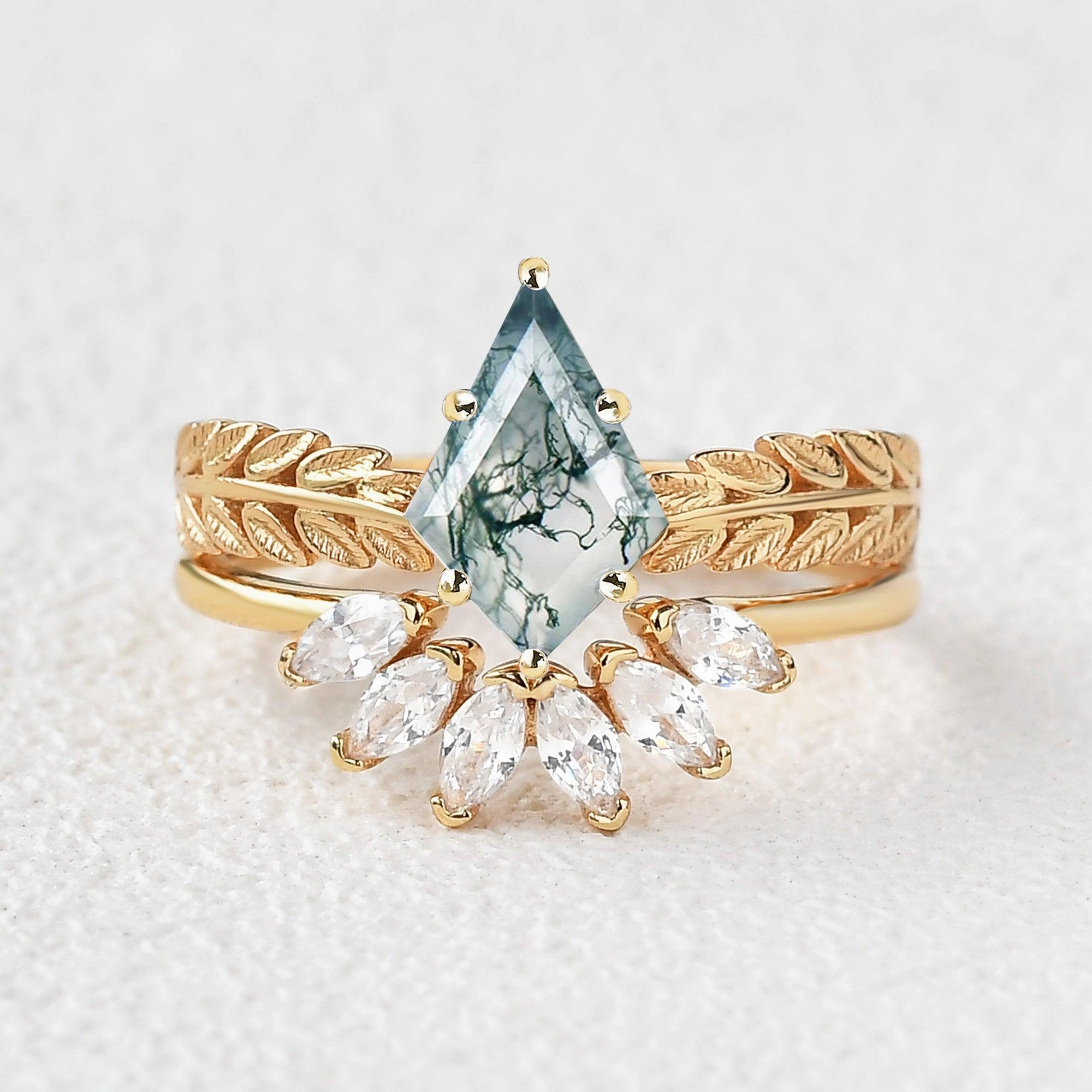 Kite Cut Moss Agate Leafy Wheat Ear Cluster Engagement Ring Set 2pcs Sentimental Piece