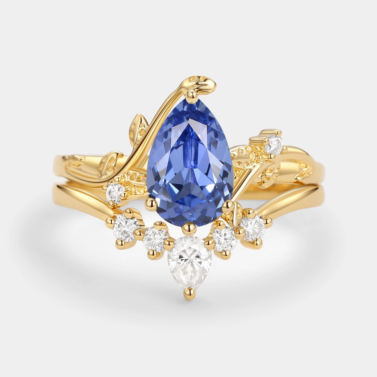 Unique Pear Shaped Moss Agate Leafy Bridal Ring Sets 2pcs - Willow Dainty Touch