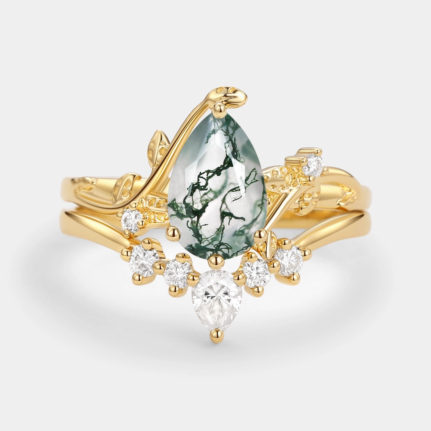 Luxury Style Graceful Elegance Unique Pear Shaped Moss Agate Leafy Bridal Ring Sets 2pcs - Willow