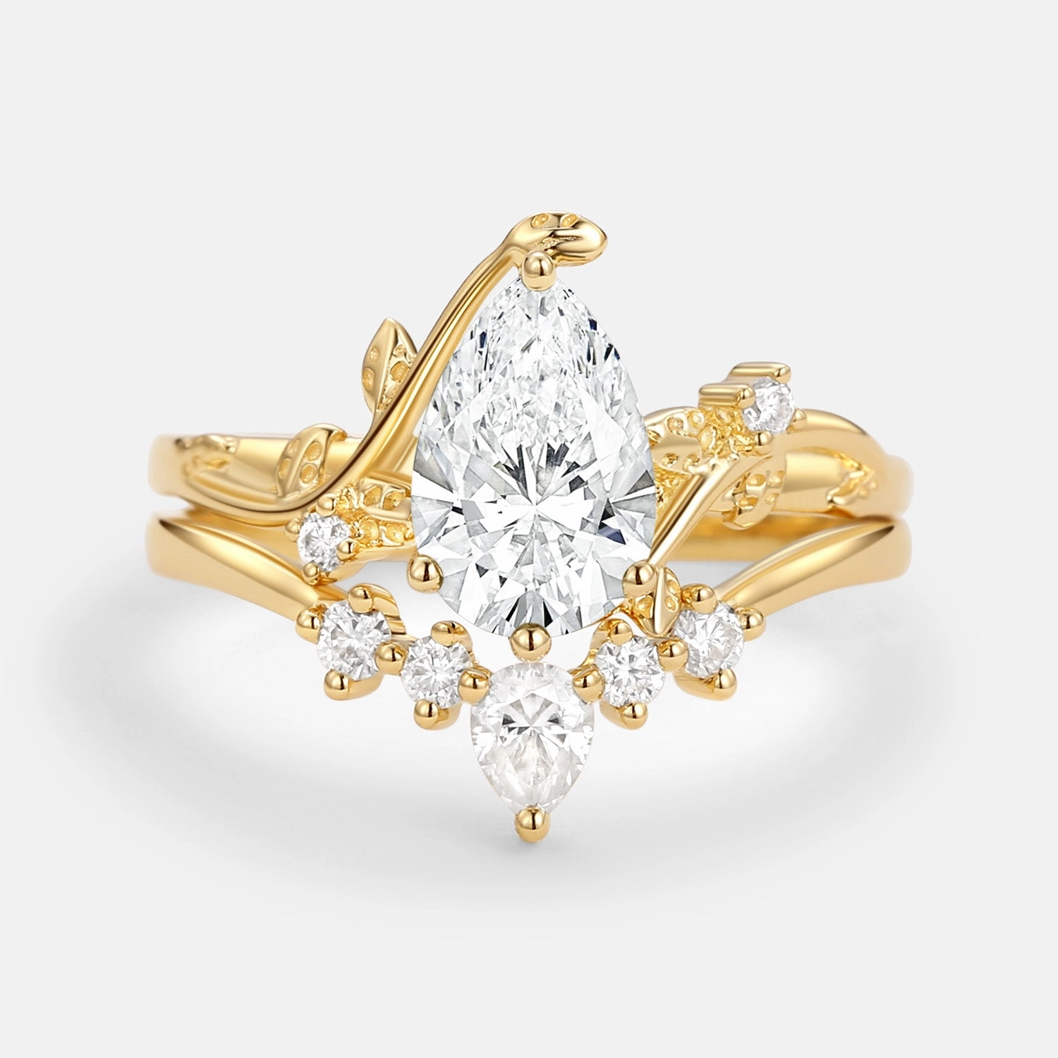 Understated Shine Eye Catcher Unique Pear Shaped Moss Agate Leafy Bridal Ring Sets 2pcs - Willow