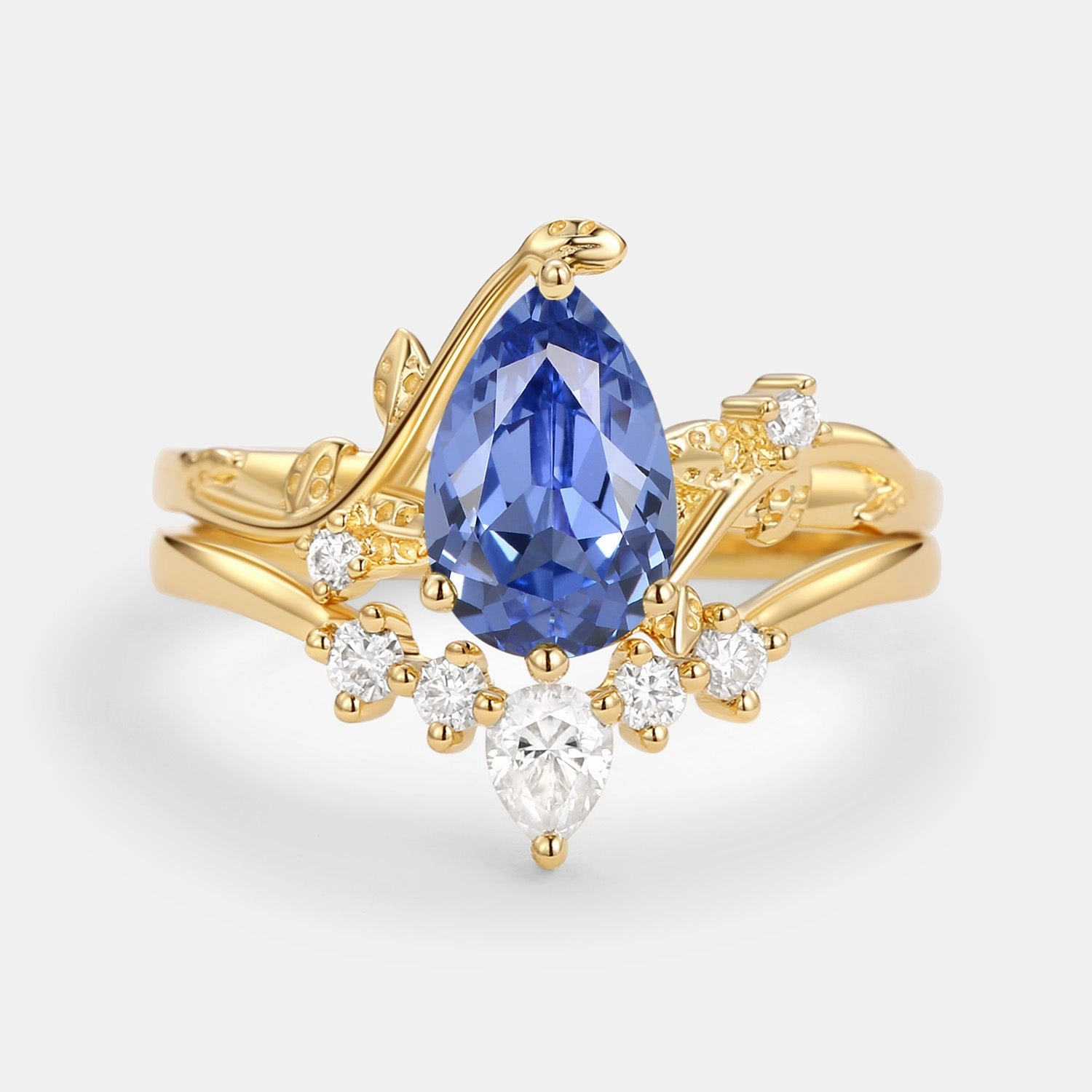 Unique Pear Shaped Moss Agate Leafy Bridal Ring Sets 2pcs - Willow Luxurious design