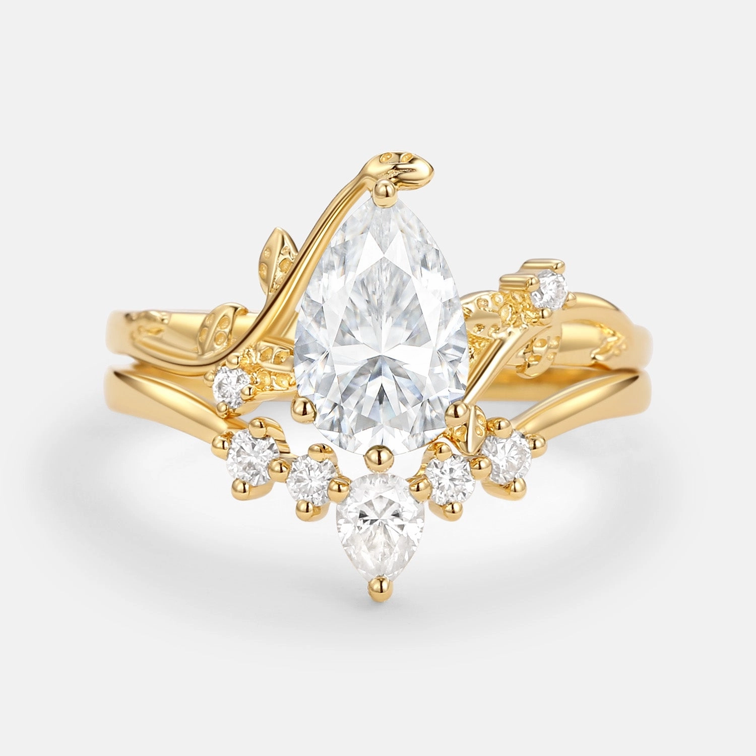 Easy Maintenance Unique Pear Shaped Moss Agate Leafy Bridal Ring Sets 2pcs - Willow