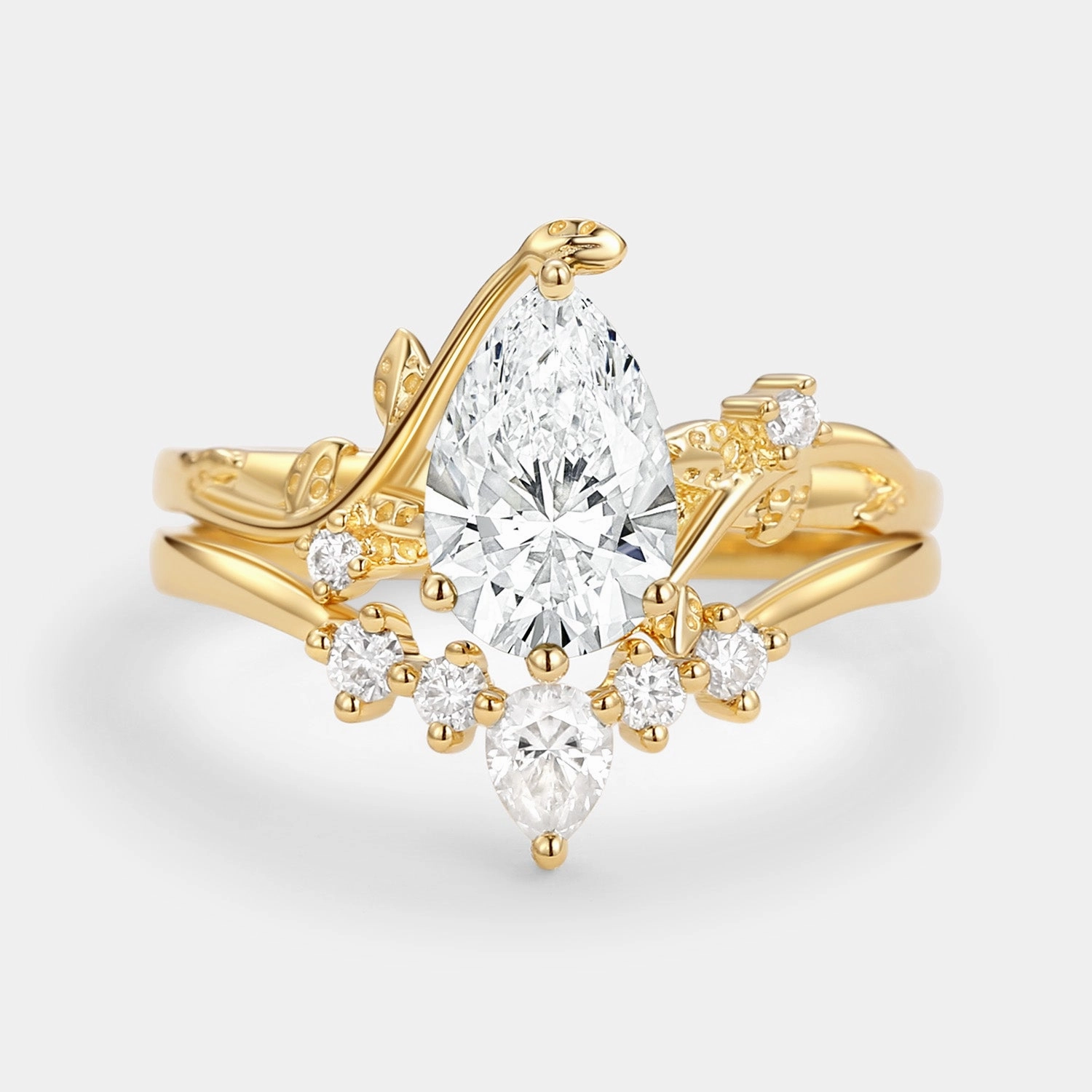 Modern Piece Contemporary Symbol Unique Pear Shaped Moss Agate Leafy Bridal Ring Sets 2pcs - Willow