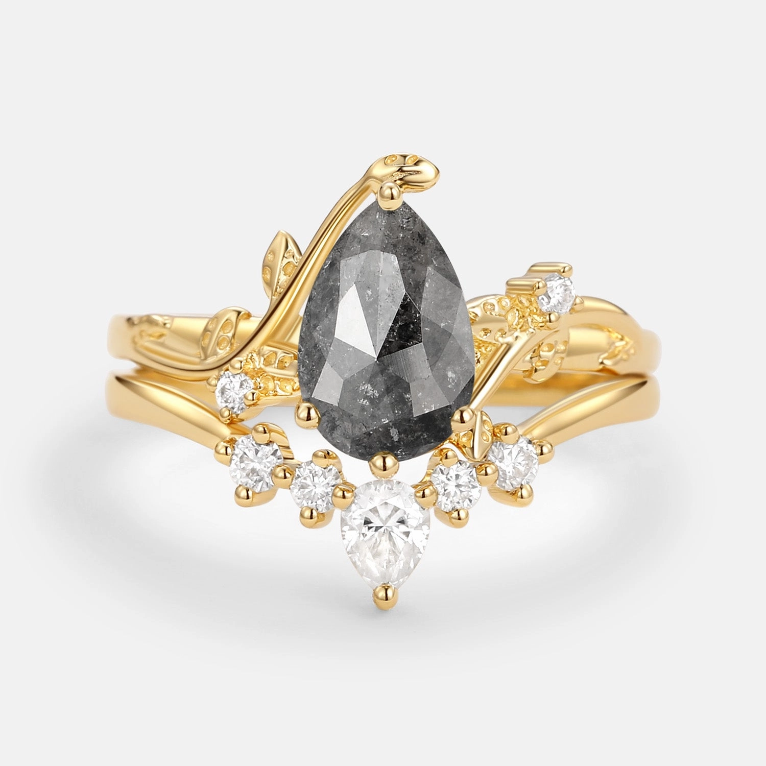 Premium Feel Glam Vibes Unique Pear Shaped Moss Agate Leafy Bridal Ring Sets 2pcs - Willow