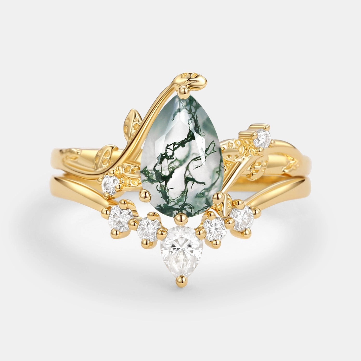 Strong Construction Unique Pear Shaped Moss Agate Leafy Bridal Ring Sets 2pcs - Willow