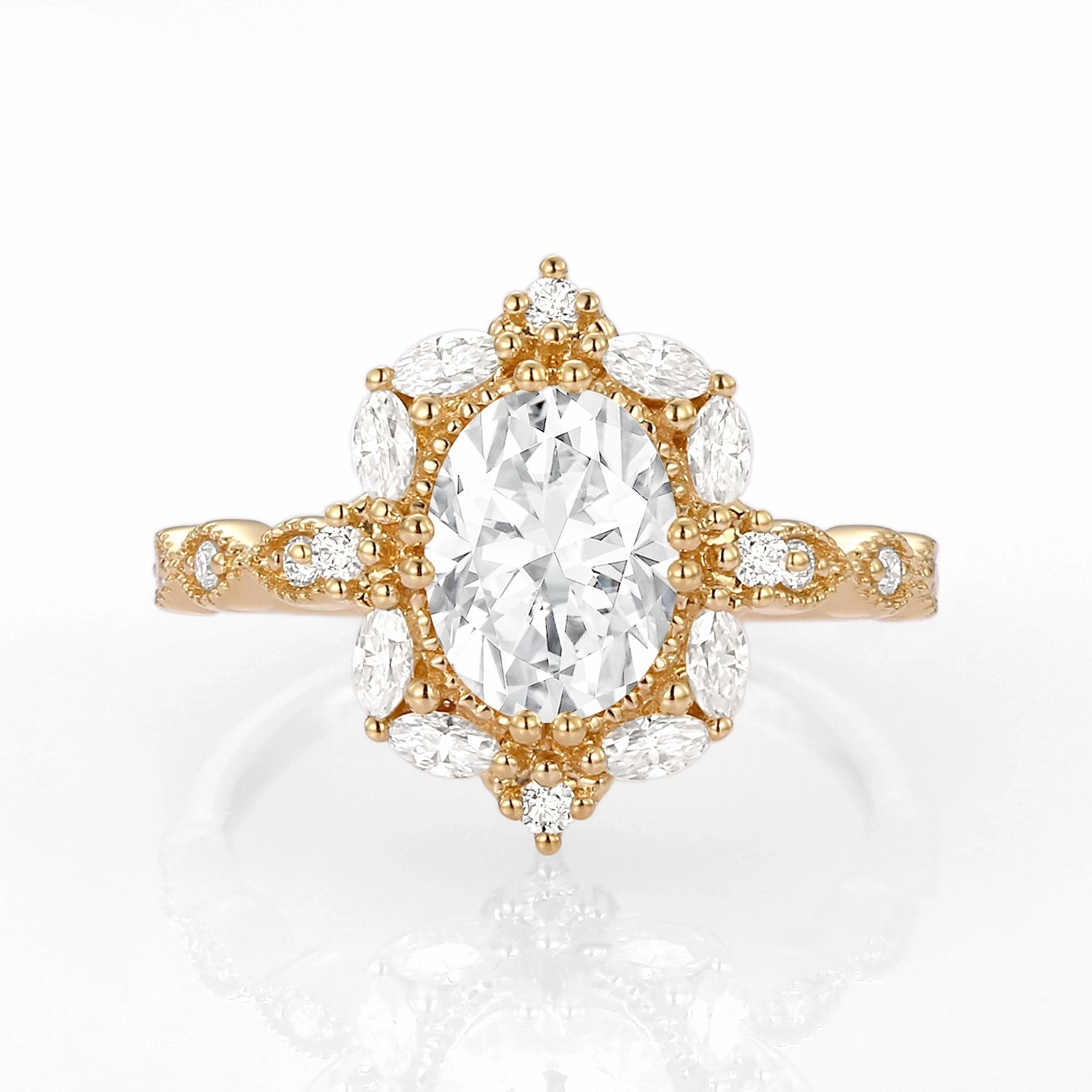 Warm Tone HighEnd Work 1.5ct Oval Moissanite Signature Vintage Byzantine Ring