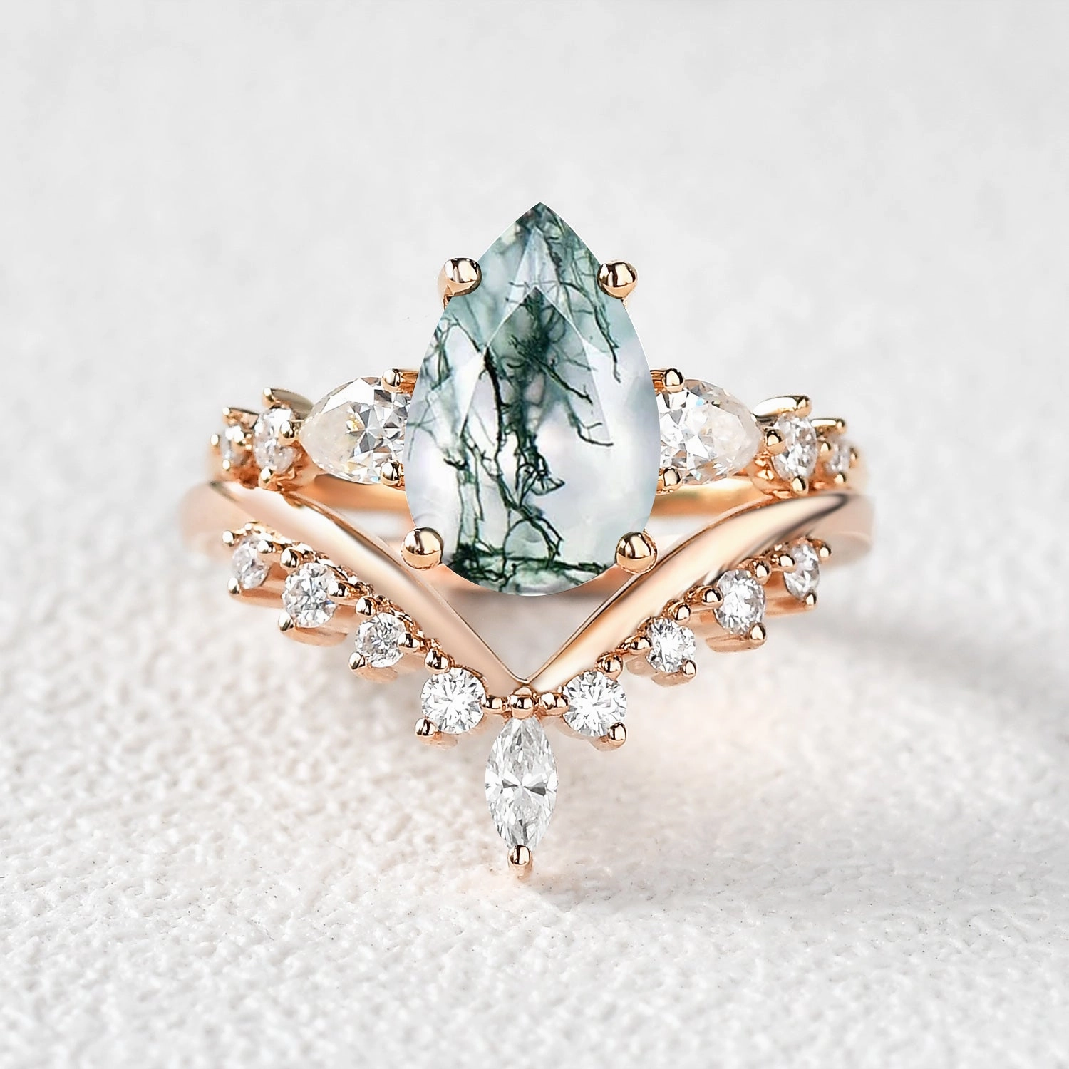 Work Friendly Fashion Moment Pear Shaped Moss Agate & Pearl Chevron Bridal Ring Set 2pcs