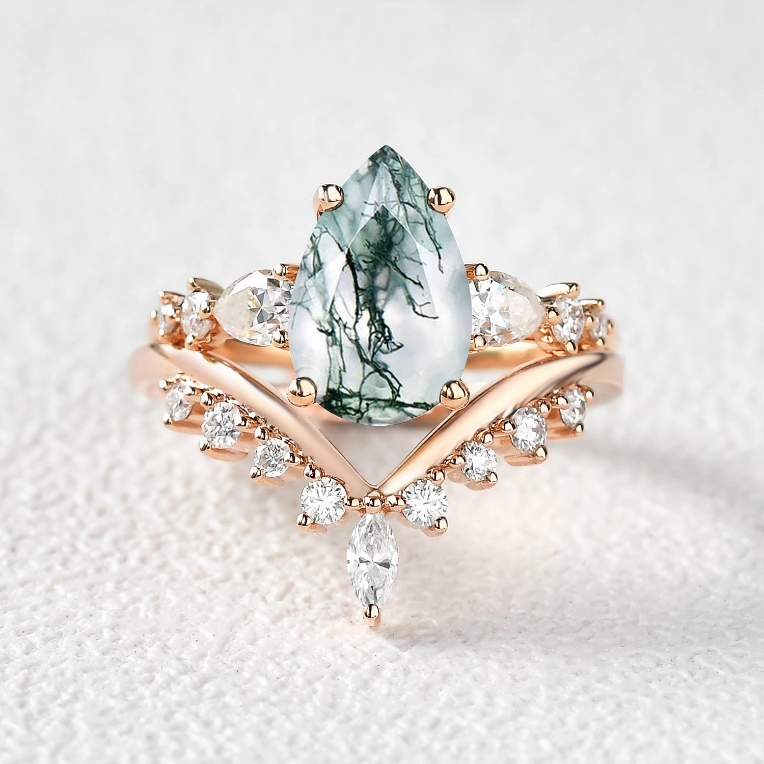 Pear Shaped Moss Agate & Pearl Chevron Bridal Ring Set 2pcs Branded Style