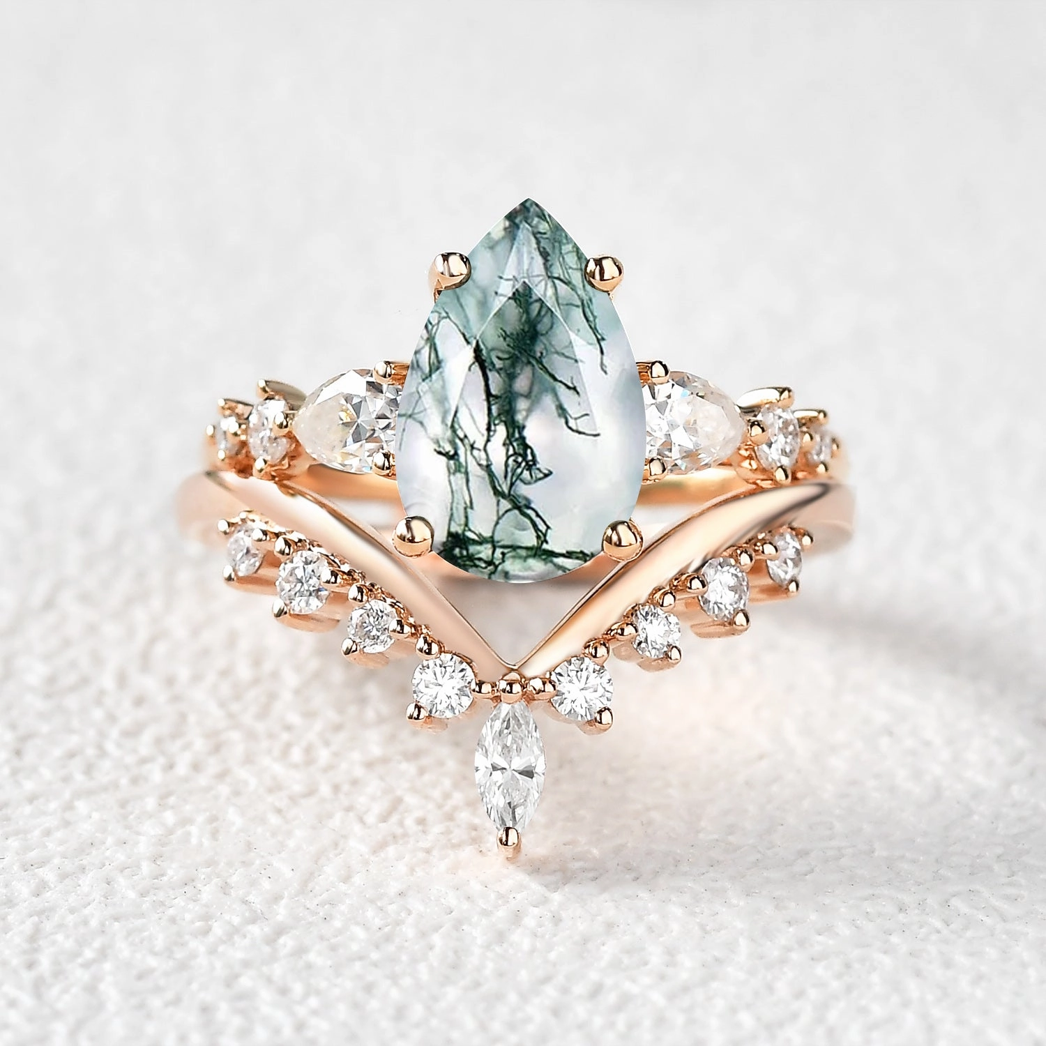 Pear Shaped Moss Agate & Pearl Chevron Bridal Ring Set 2pcs Affordable Creation