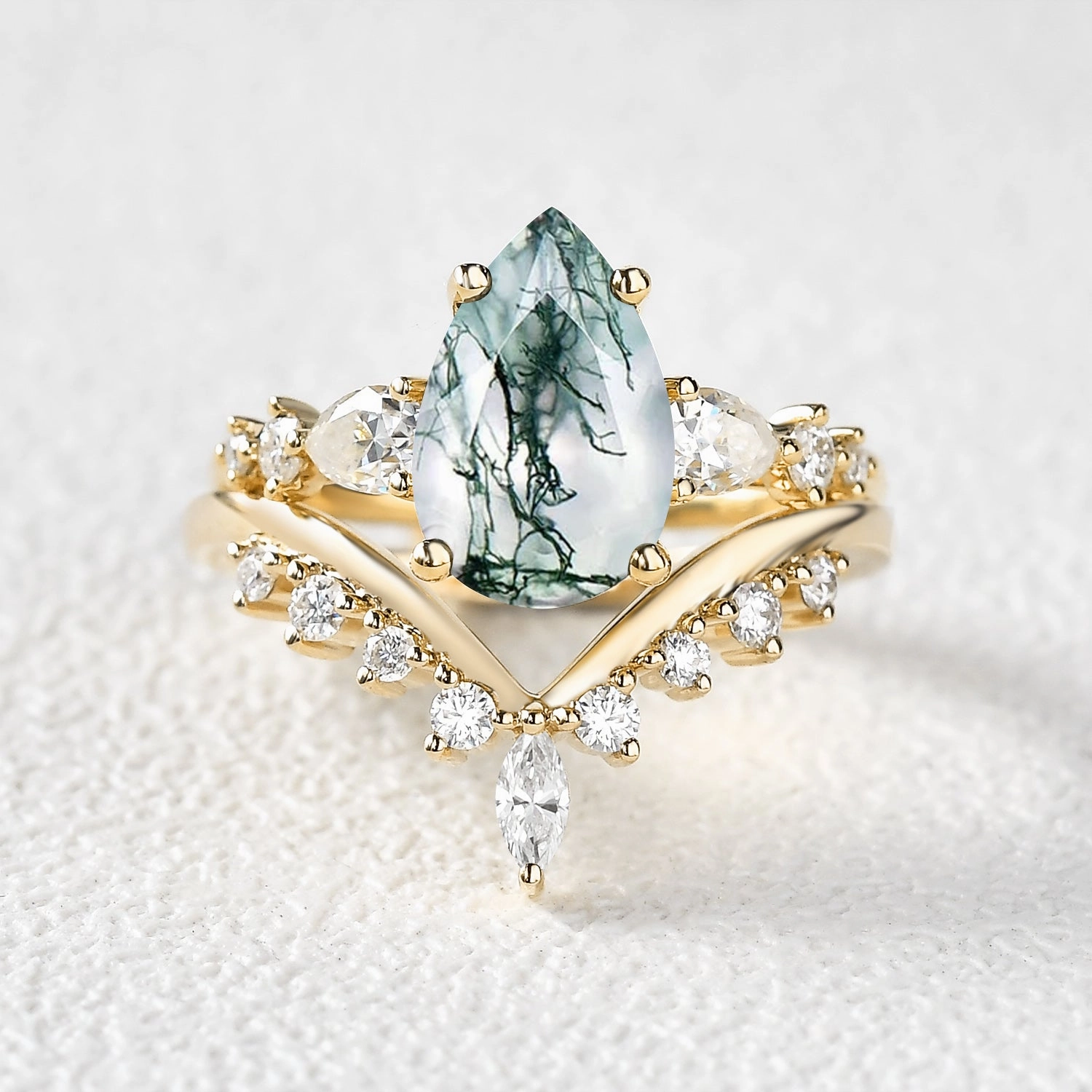 Polished Contour Pear Shaped Moss Agate & Pearl Chevron Bridal Ring Set 2pcs