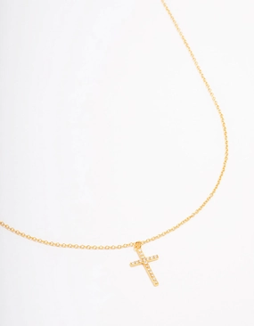 Bridal Look Gold Plated Sterling Silver Pave Cross Pendant Necklace