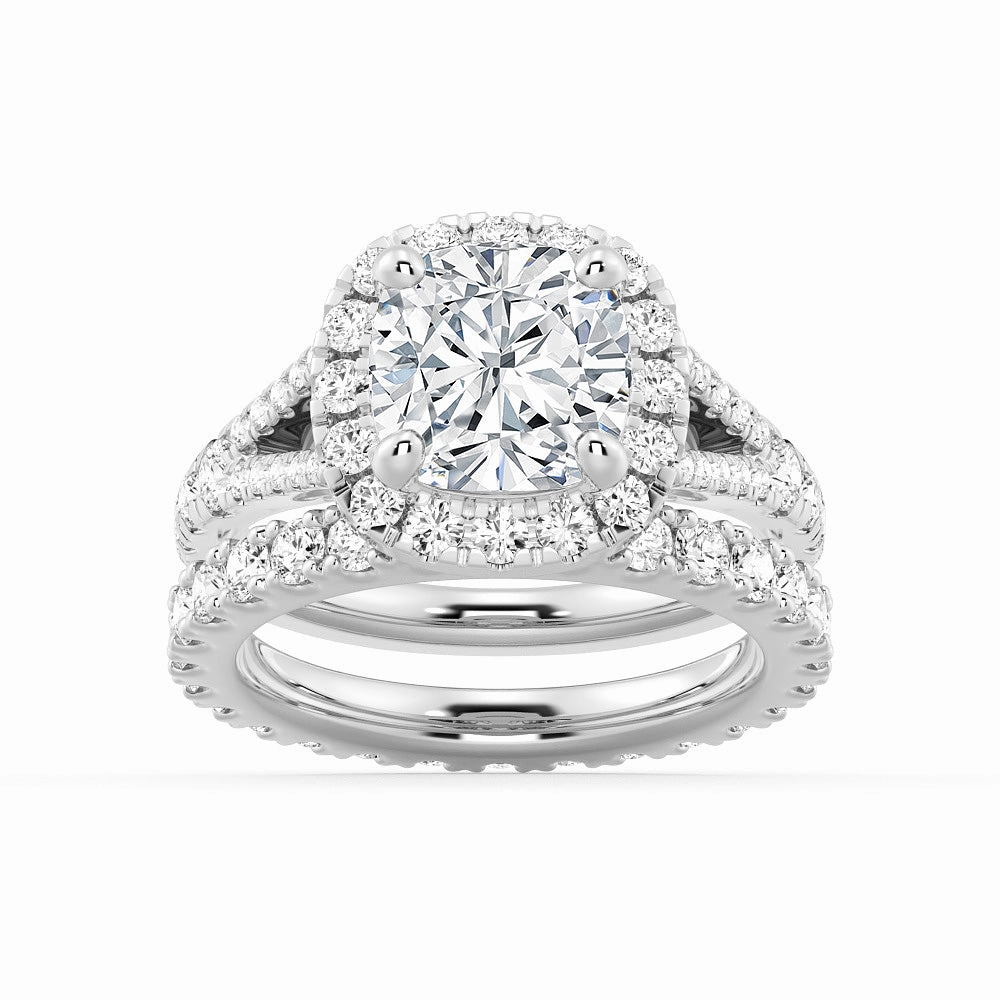 Charming Treasures Vibrant Piece Halo Cushion Cut Split Shank Moissanite Ring Set with Matching Wedding Band