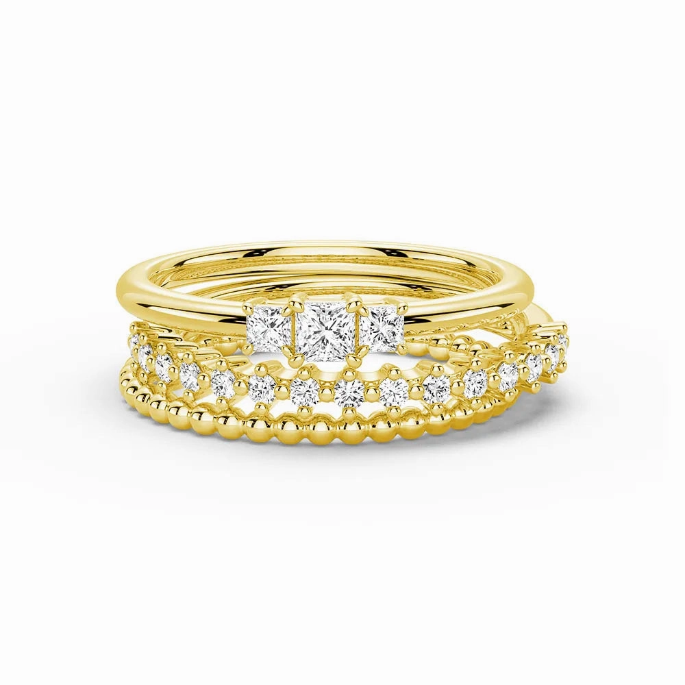 Anniversary Surprise Petite Shine Celestial Compass And Princess Lab Diamond Stacking Rings with Beaded Accent Band