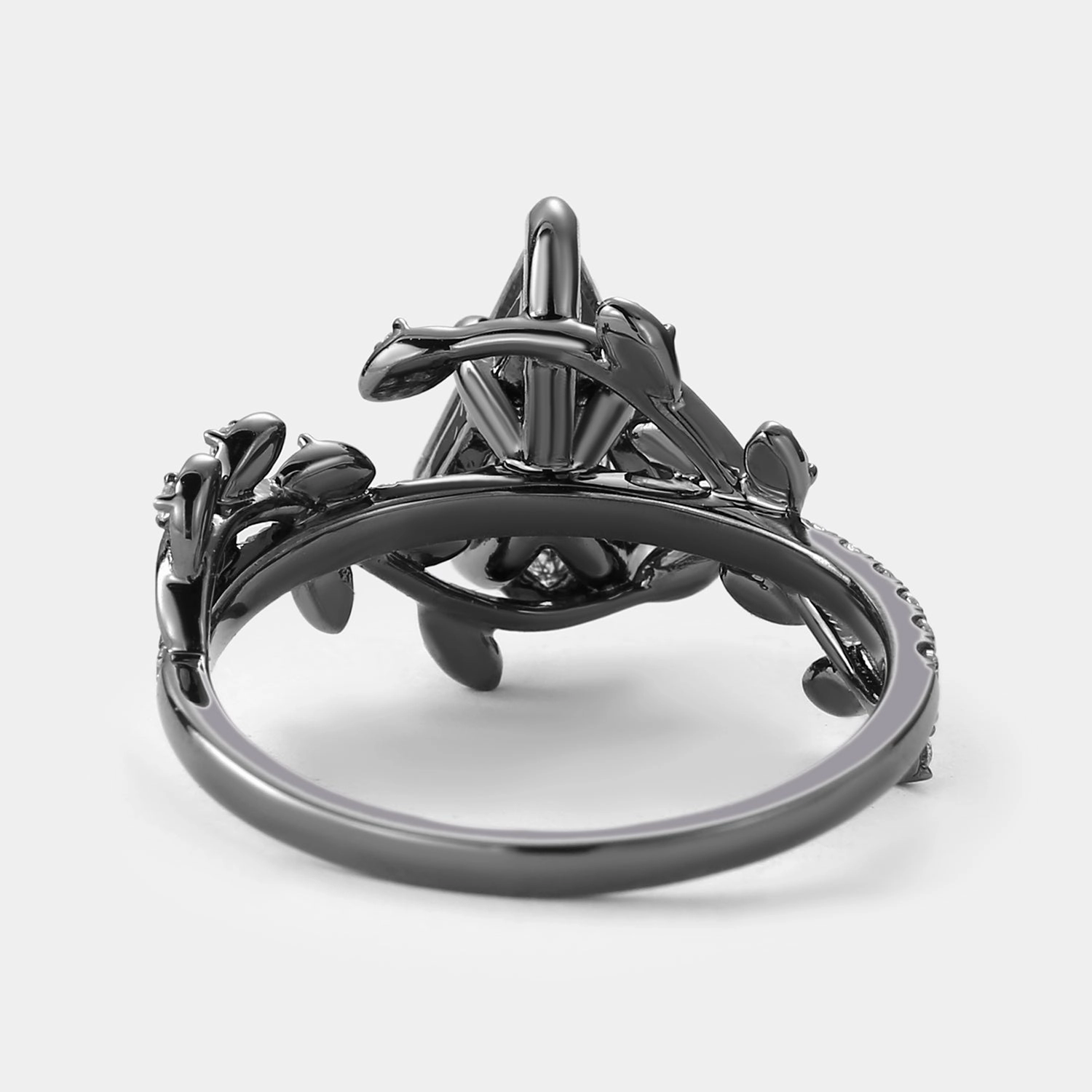 Subtle Shine Trendy Finish Kite Cut Black Rutilated Quartz Leafy Pave Engagement Ring