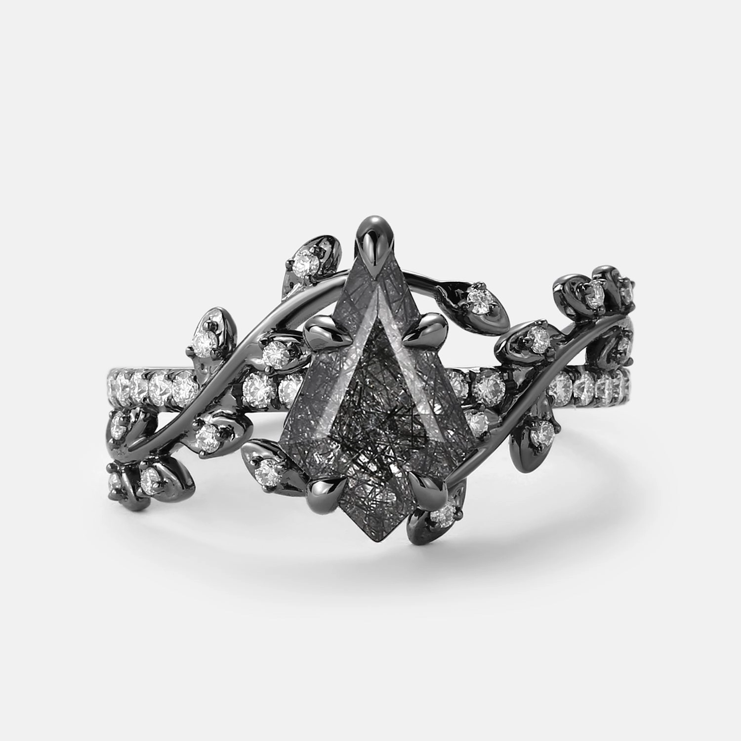 Ornate Item Comfortable Piece Kite Cut Black Rutilated Quartz Leafy Pave Engagement Ring
