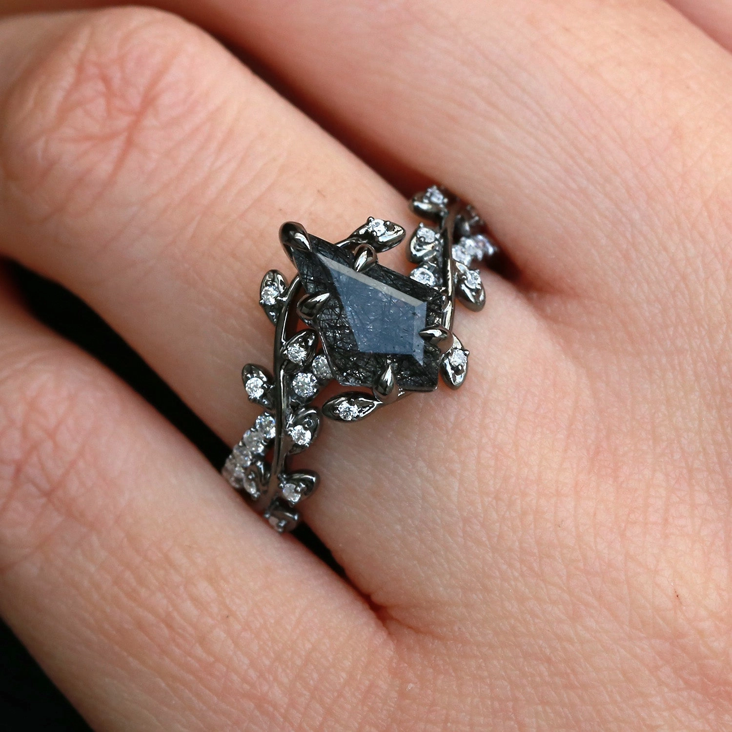 Kite Cut Black Rutilated Quartz Leafy Pave Engagement Ring Unique Bauble