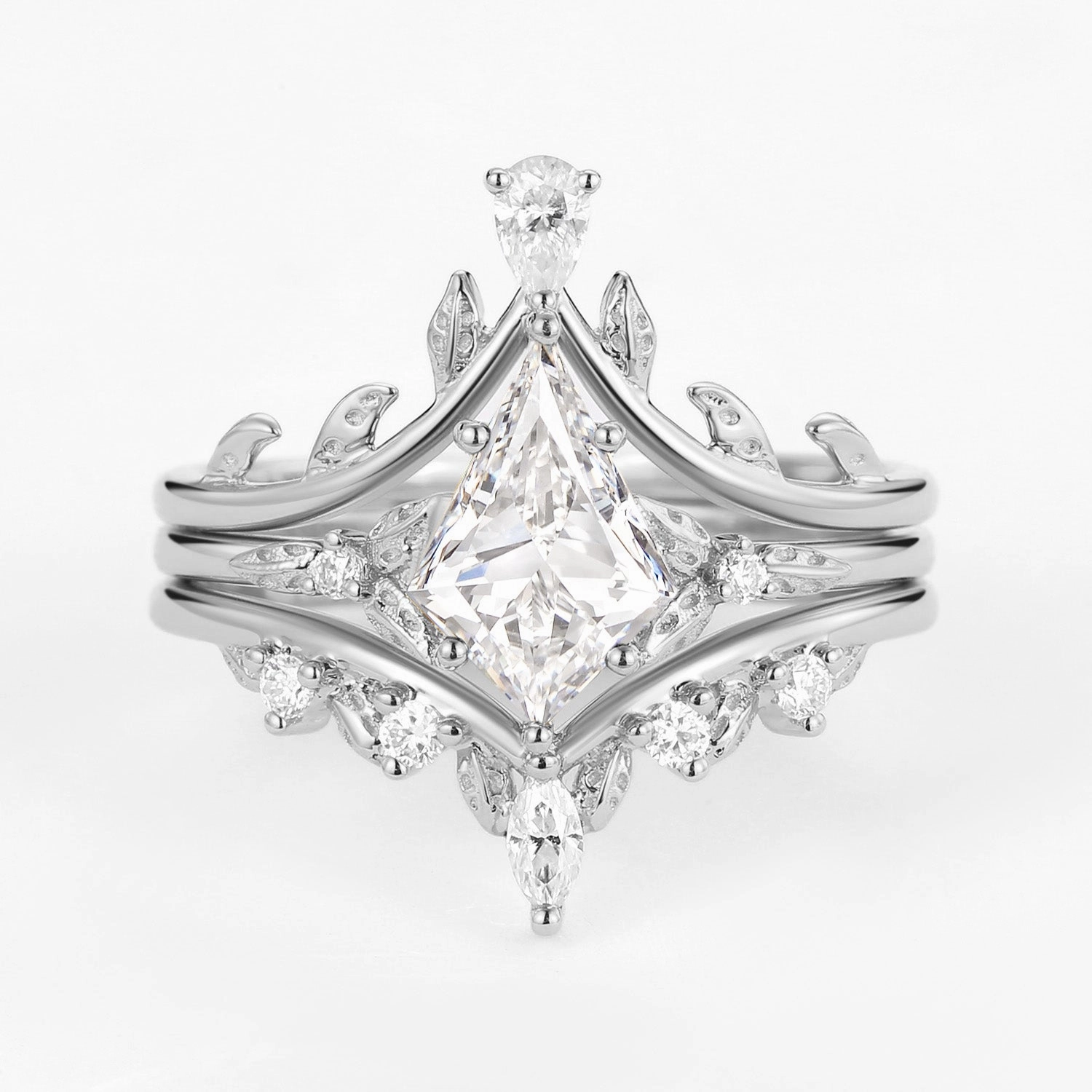 Kite Cut Moissanite Leafy Engagement Ring Set 3pcs Stylish Spark Event Outfit