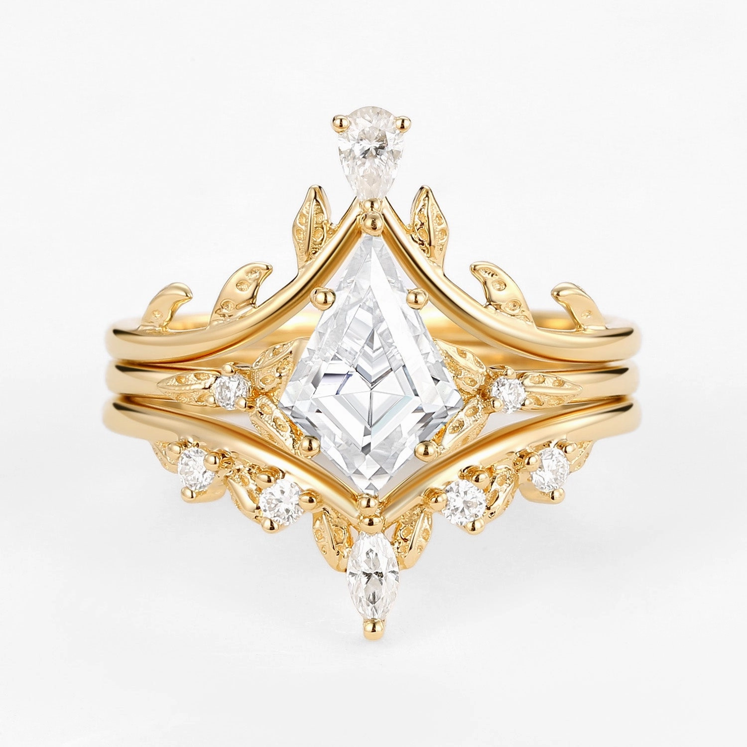 Graceful Touch Luxury Casual Kite Cut Moissanite Leafy Engagement Ring Set 3pcs