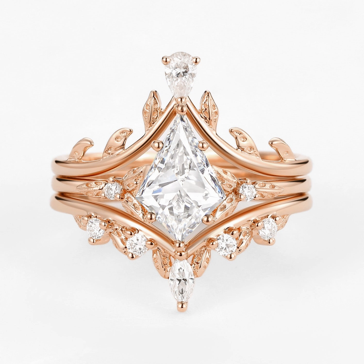 Effortless Edge Minimal Form Kite Cut Moissanite Leafy Engagement Ring Set 3pcs