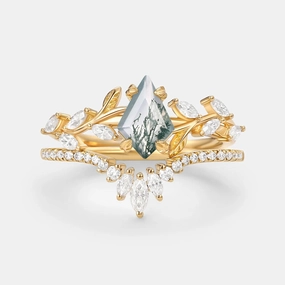 Chic Accessories Sleek Charm Vintage Kite Cut Moss Agate Leafy Engagement Ring Sets 2pcs - Dart