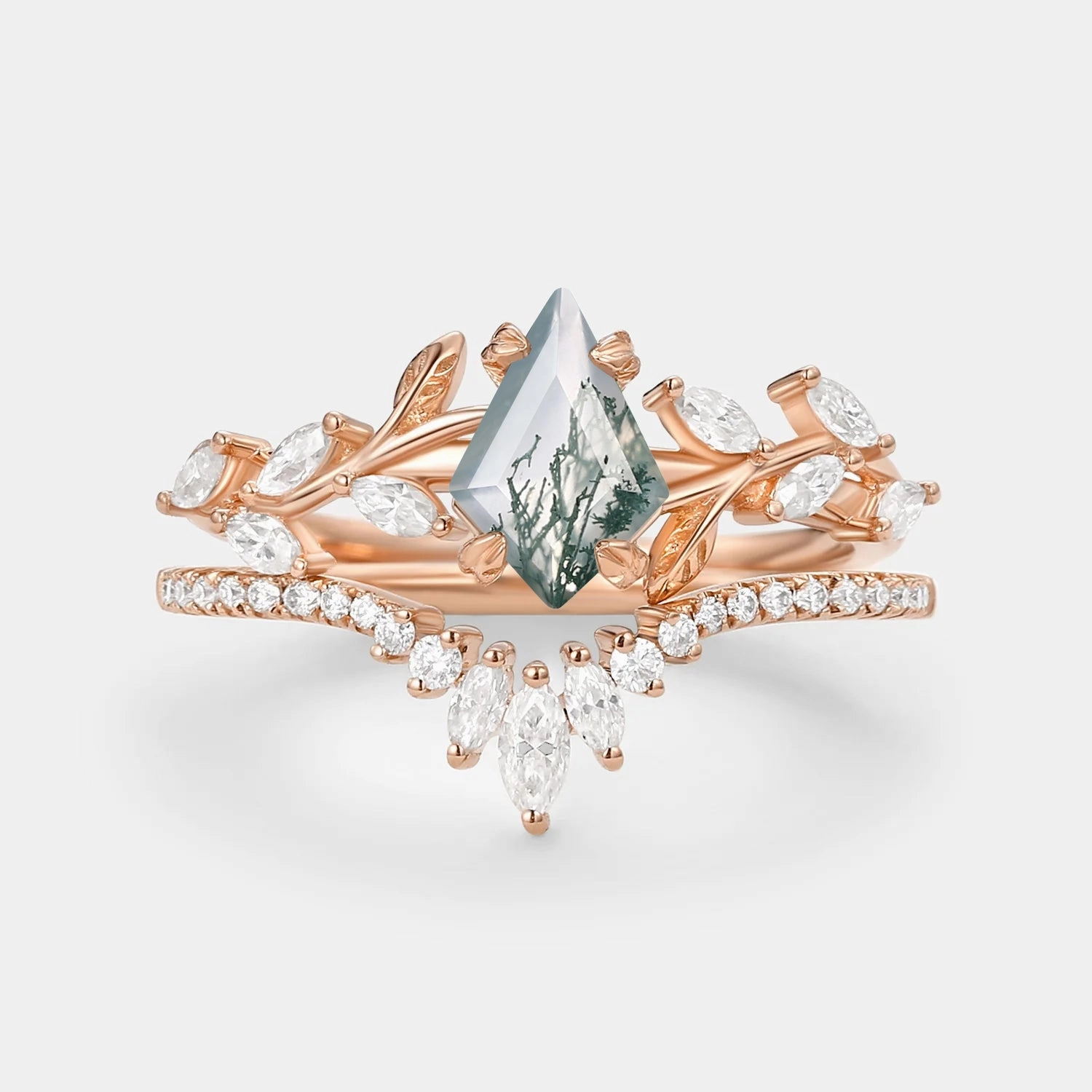 Excellent Accessory Vintage Kite Cut Moss Agate Leafy Engagement Ring Sets 2pcs - Dart