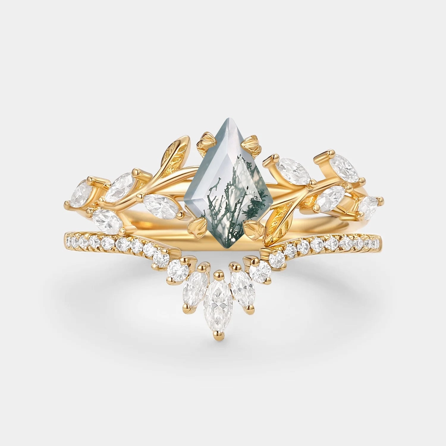 Chic Accessories Sleek Charm Vintage Kite Cut Moss Agate Leafy Engagement Ring Sets 2pcs - Dart