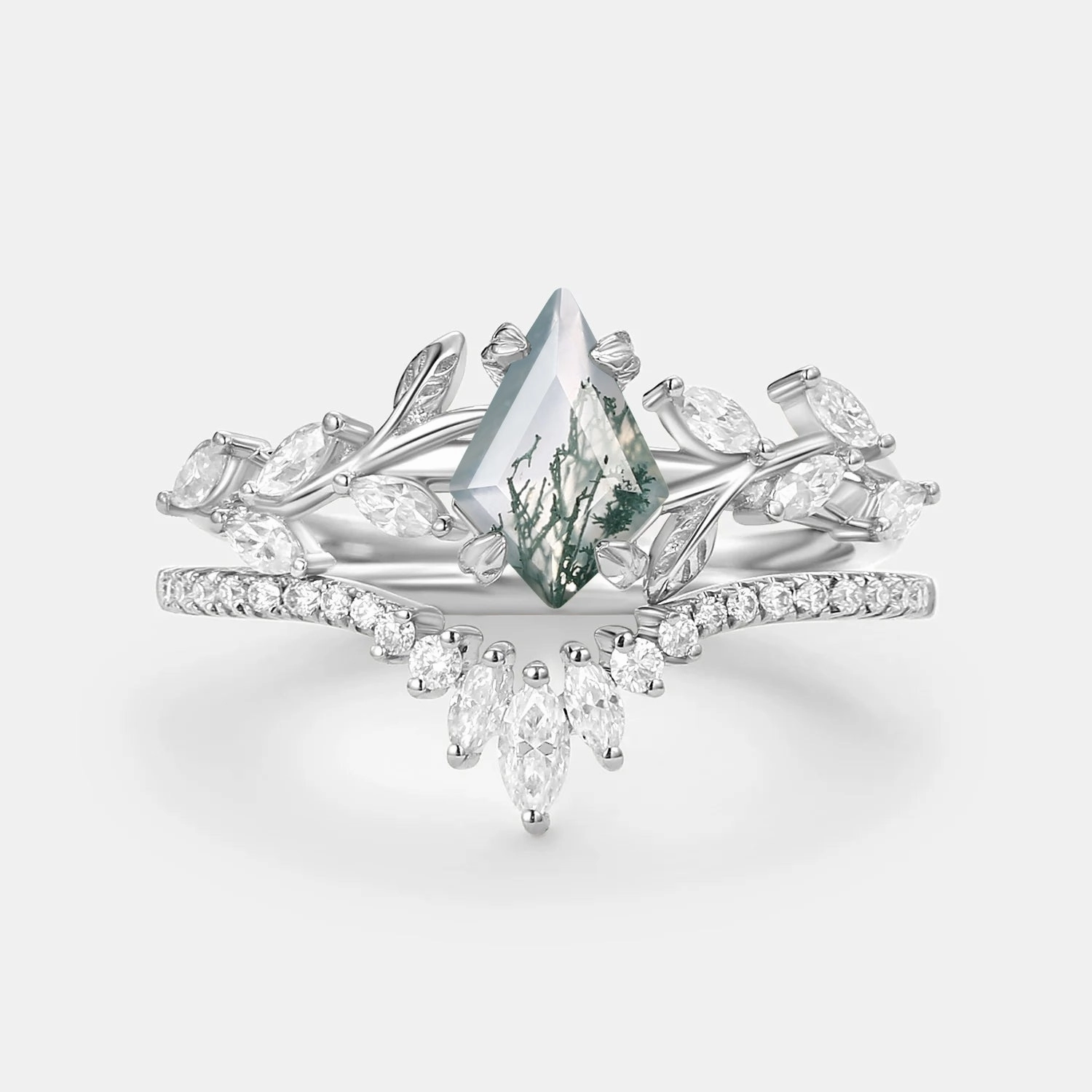 Bridal Set Value Article Vintage Kite Cut Moss Agate Leafy Engagement Ring Sets 2pcs - Dart