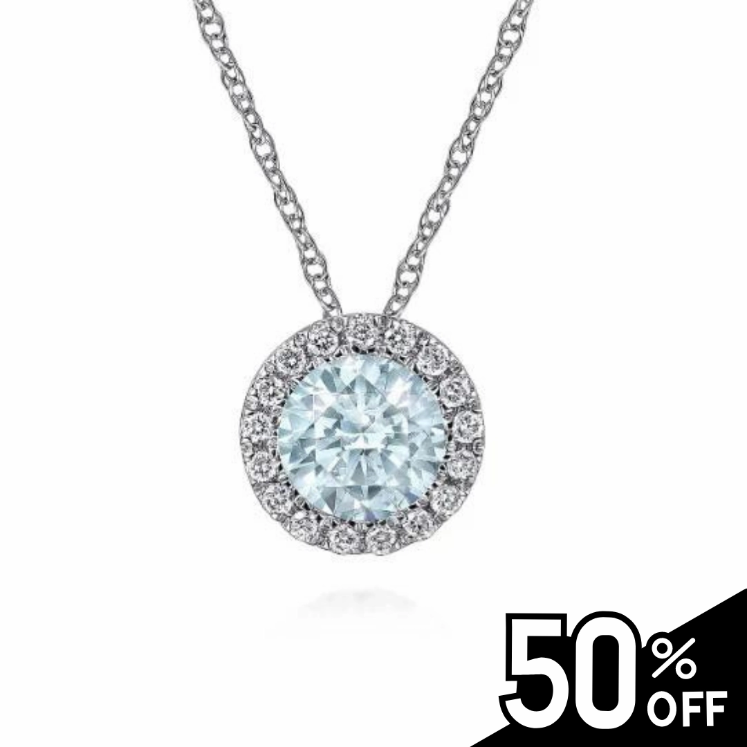 14K White Gold Aquamarine and Diamond Halo Pendant Necklace Impressive Craft Timeless Shape