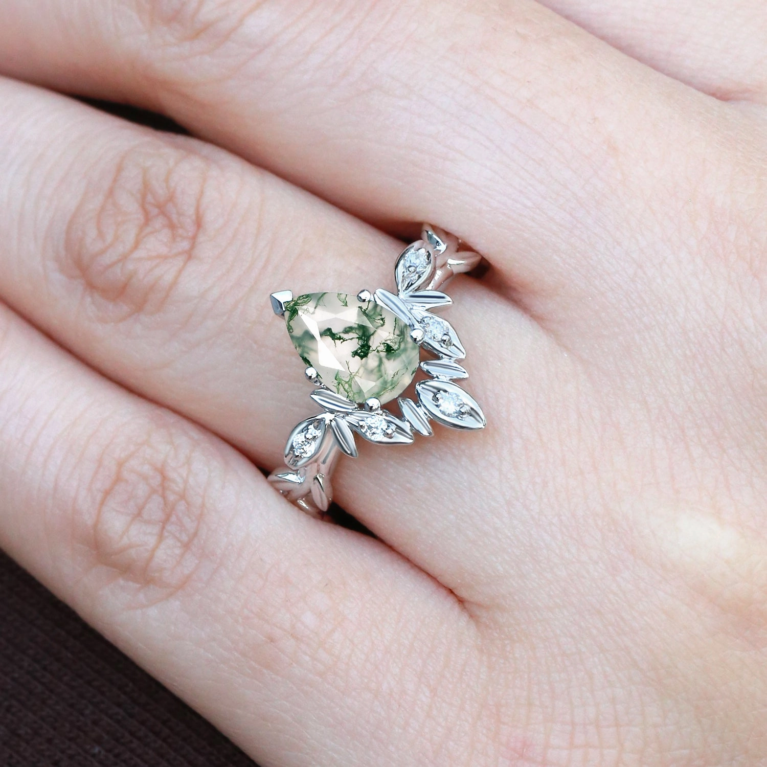 Pear Cut Leafy Nature Inspired Moss Agate Engagement Ring Red Dress Seasonal Pairing
