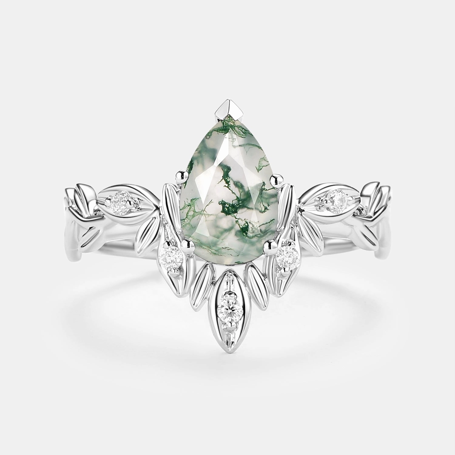 Artful Touch Pear Cut Leafy Nature Inspired Moss Agate Engagement Ring