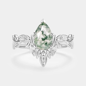 Premium Feature Pear Cut Leafy Nature Inspired Moss Agate Engagement Ring