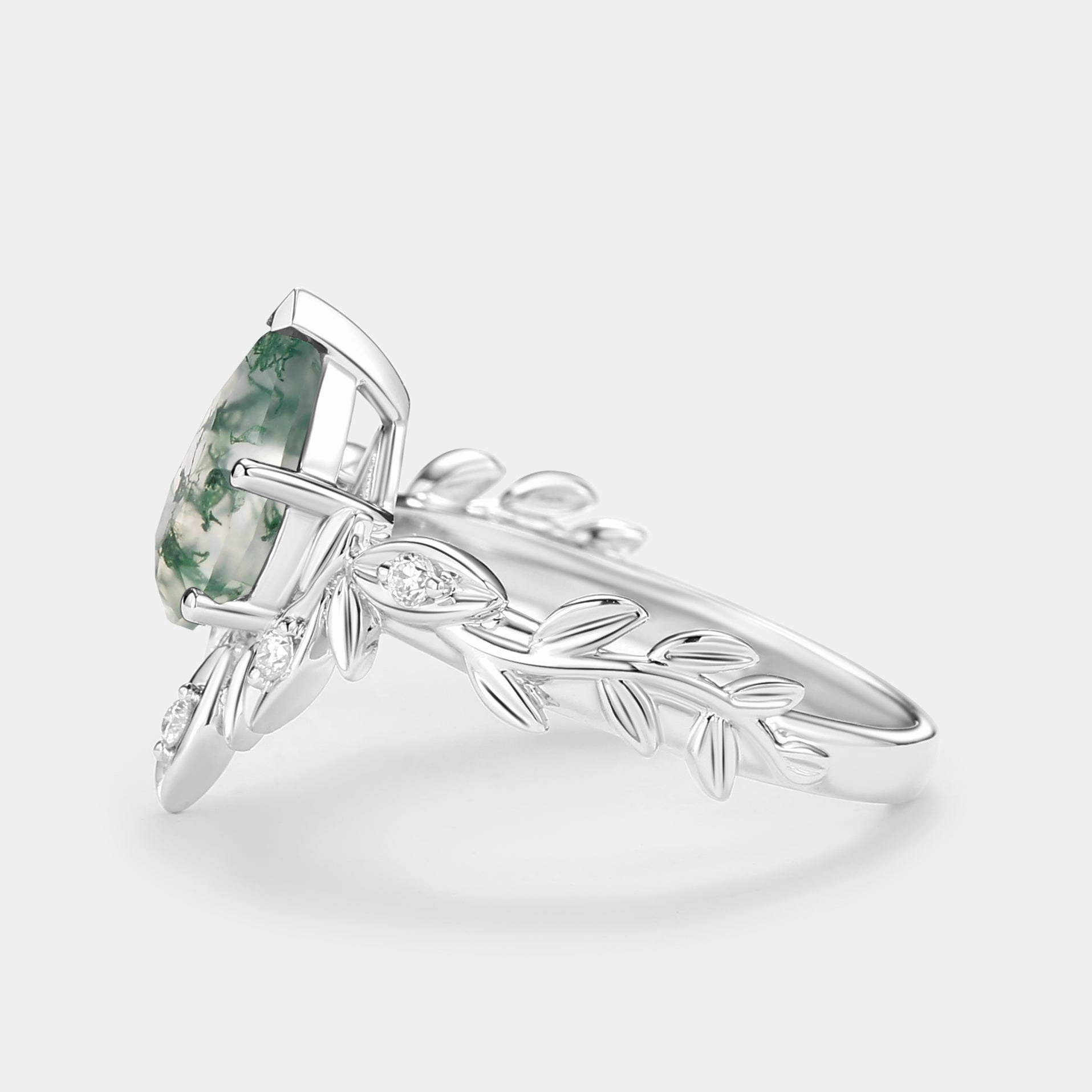 Chic Pulse Unique Style Pear Cut Leafy Nature Inspired Moss Agate Engagement Ring