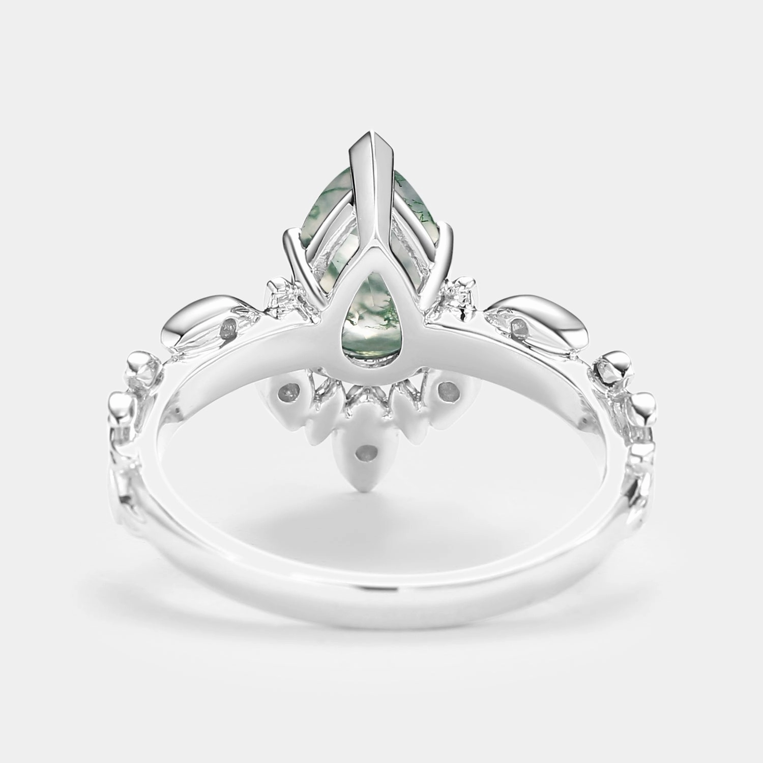 Dazzling Radiance Pear Cut Leafy Nature Inspired Moss Agate Engagement Ring