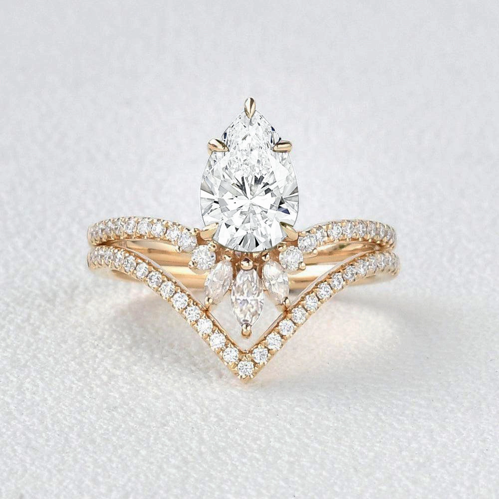 Artistic Symbol Chevron Pear Cut Lab Grown Diamond Ring Set 2pcs
