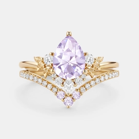 Birthday Surprise All Day Wear Pear Cut Lab Lavender Sapphire Leafy Ring Sets 2pcs - Mauve