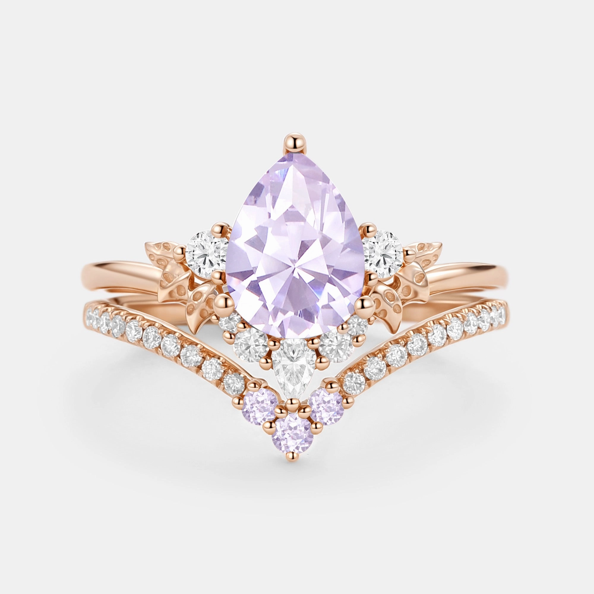 Pear Cut Lab Lavender Sapphire Leafy Ring Sets 2pcs - Mauve Ornate Decoration Hypoallergenic Jewelry