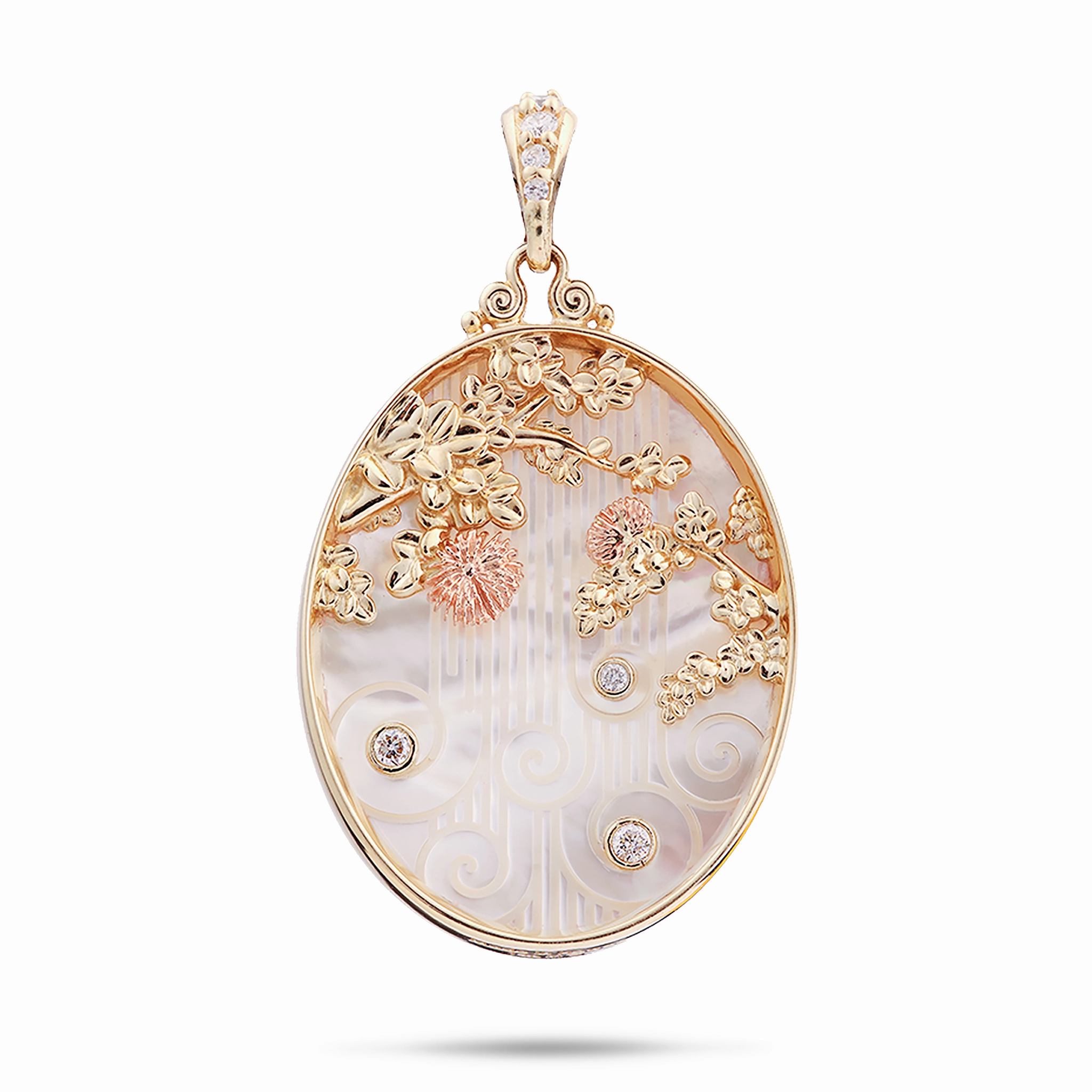 ???hi?a Lehua Waterfall Mother of Pearl Pendant in Two Tone Gold with Diamonds Stylish Look