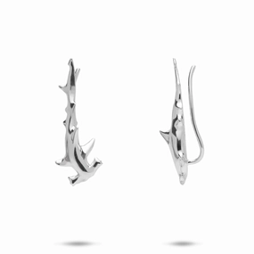 Sleek Spark Hammerhead Shark Climber Earrings in Sterling Silver