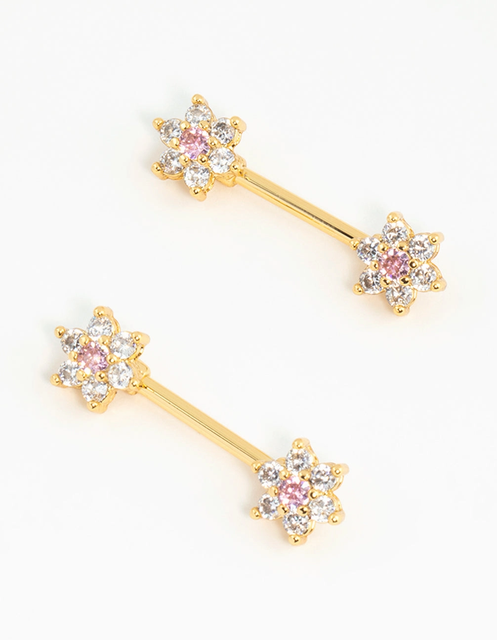 Season Match Gold Plated Surgical Steel Cubic Zirconia Flower Nipple Bars 2-Pack