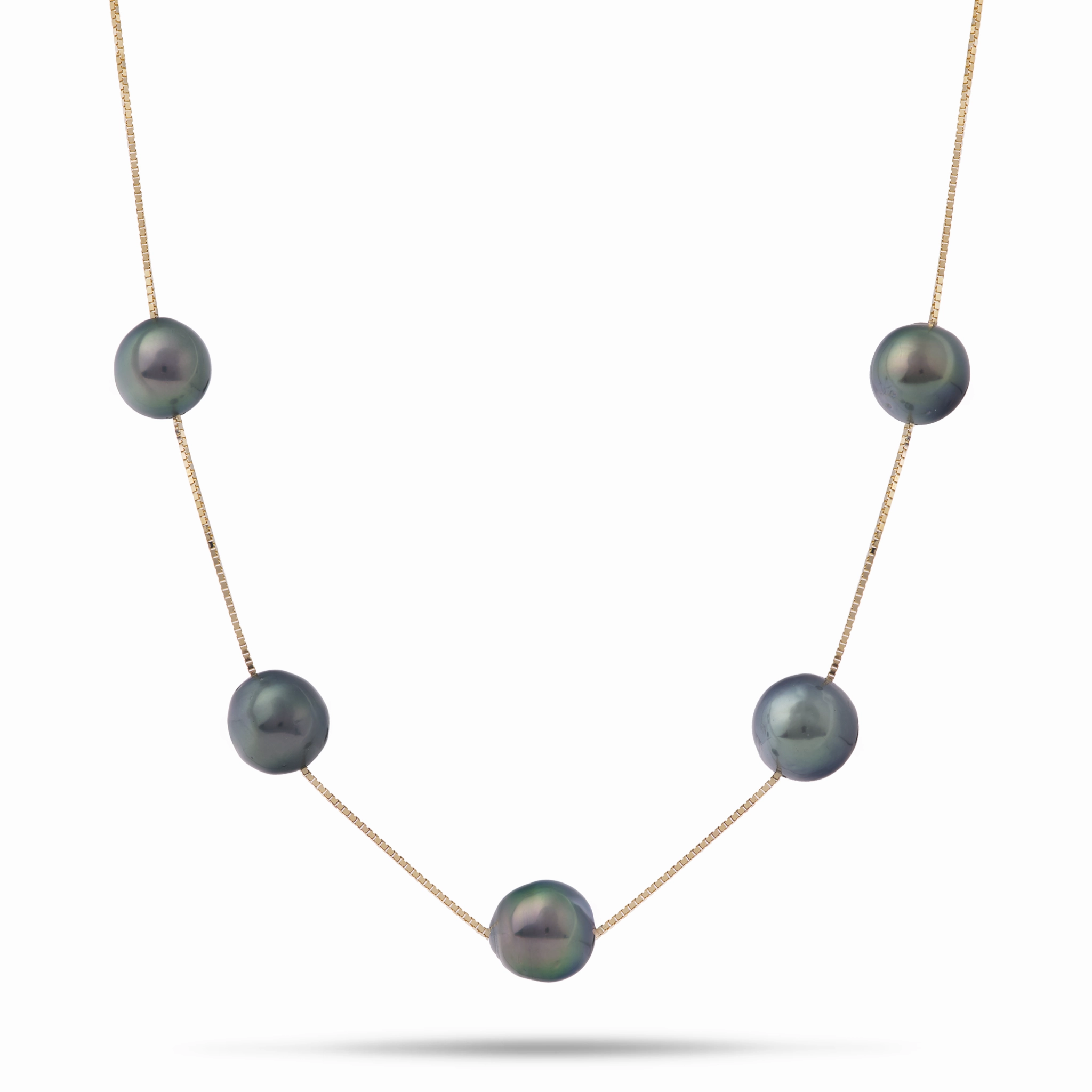 Elegant feature 18" Tahitian Black Pearl Necklace in Gold - 9-10mm