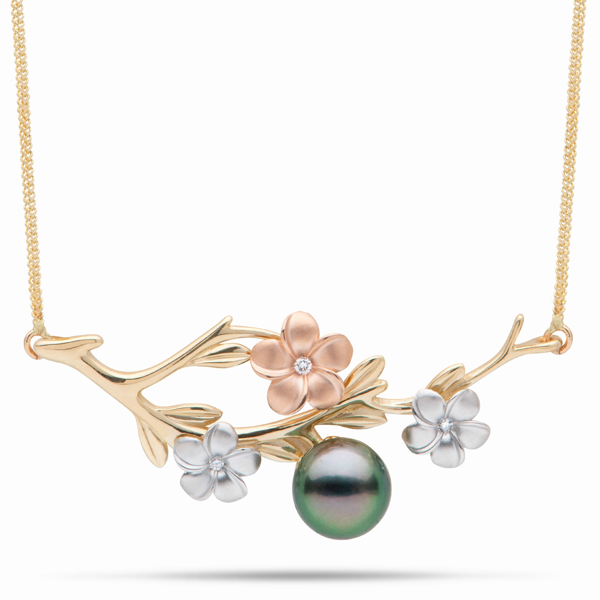 Urban Touch 16-18" Adjustable Pearls in Bloom Plumeria Tahitian Black Pearl Necklace in Tri Color Gold with Diamonds - 48mm
