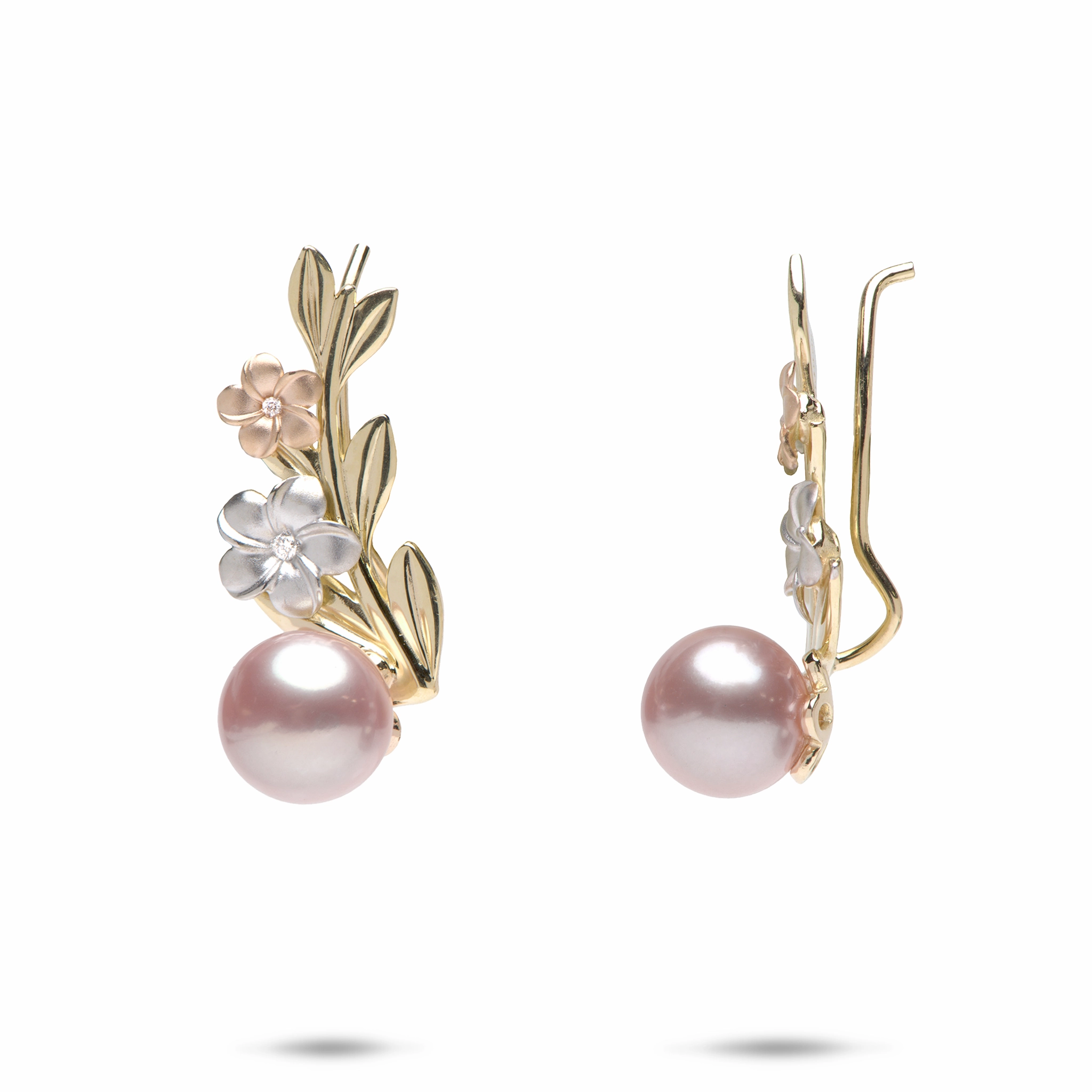 Pearls in Bloom Plumeria Lavender Freshwater Pearl Climber Earrings in Tri Color Gold with Diamonds Charming Style Timeless Gems