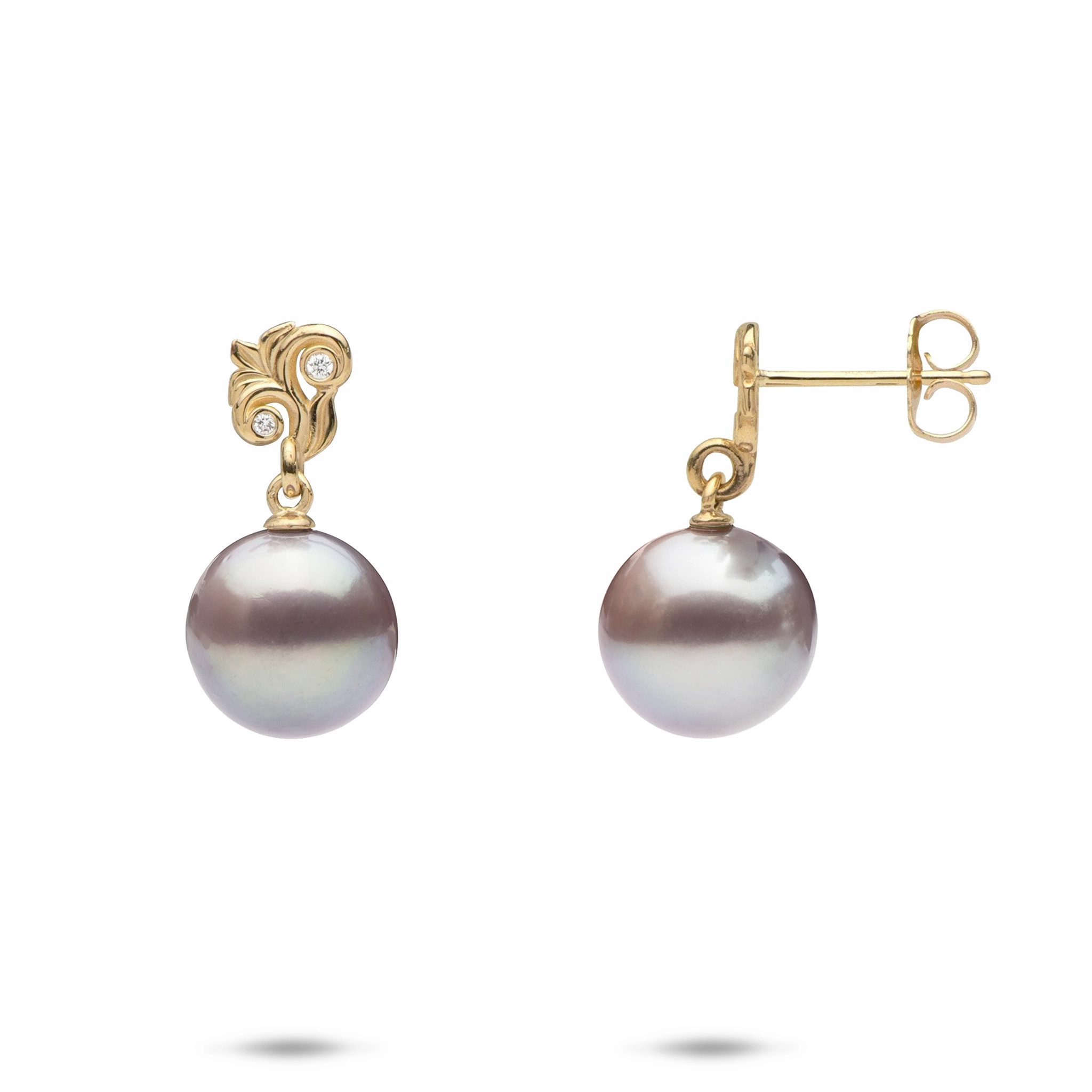 Living Heirloom Freshwater Pearl Earrings in Gold with Diamonds - 10-11mm Sleek Sparkle Pastel Mood