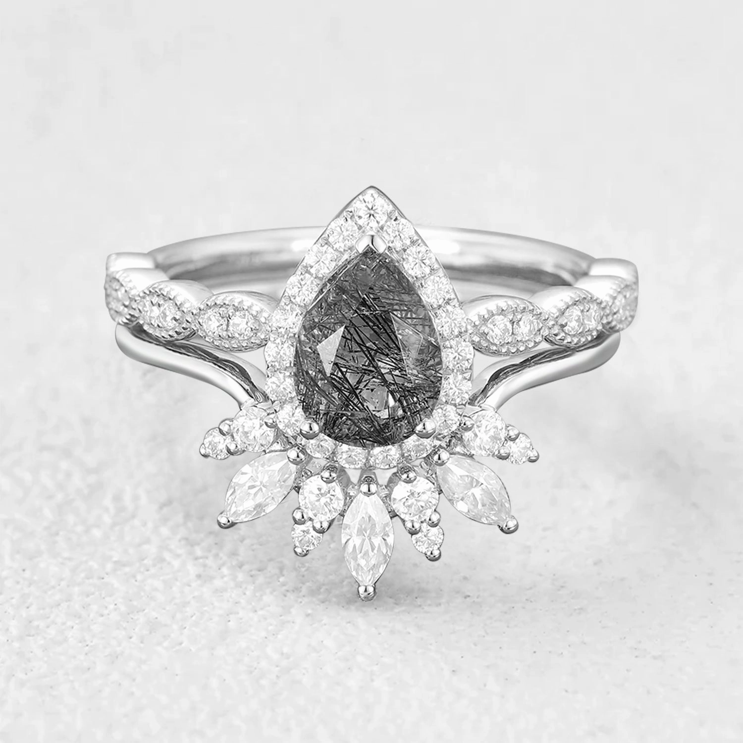 Vintage Pear Shaped Black Rutilated Quartz Engagement Ring Set 2pcs Formal Elegance Lovely Design