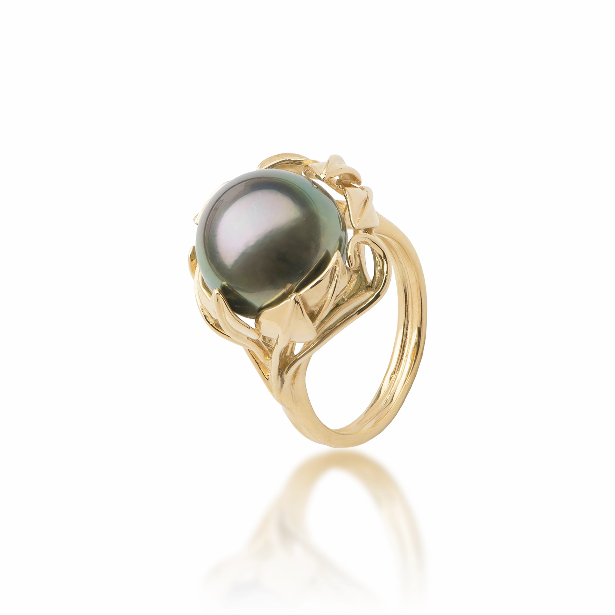 Maile Leaf Tahitian Black Pearl Ring in Gold - 12-13mm Urban Favorite refined design