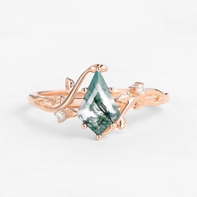 Unique Kite Cut Moss Agate Leafy Engagement Ring - Willow Radiant Finish Pieces Artisan Touch