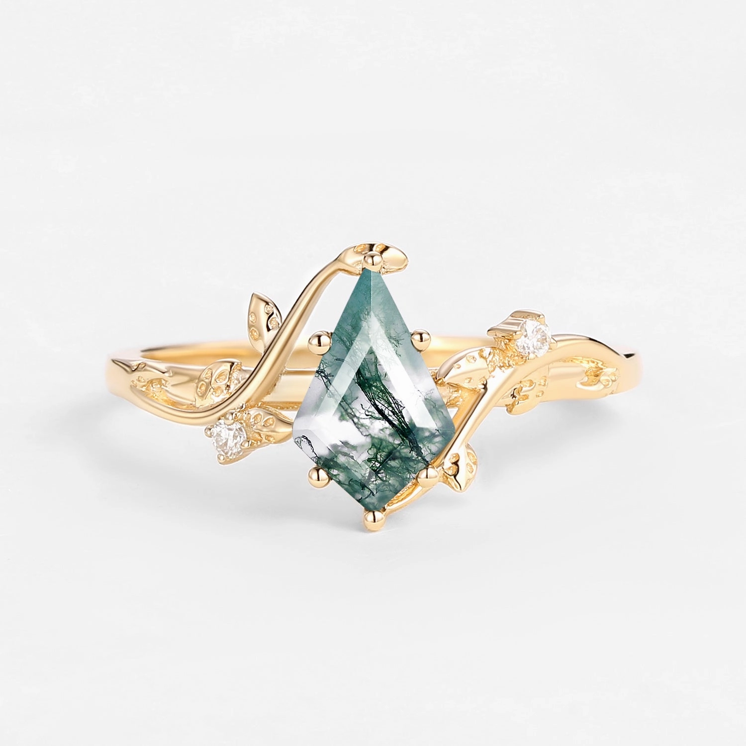Brunch Date Unique Kite Cut Moss Agate Leafy Engagement Ring - Willow