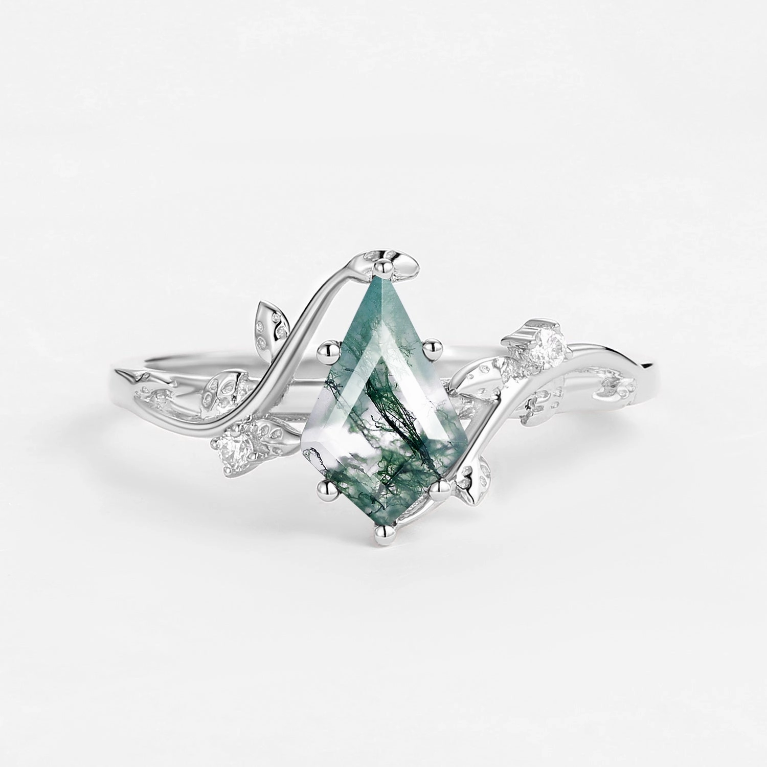 Unique Kite Cut Moss Agate Leafy Engagement Ring - Willow Strong Symbol