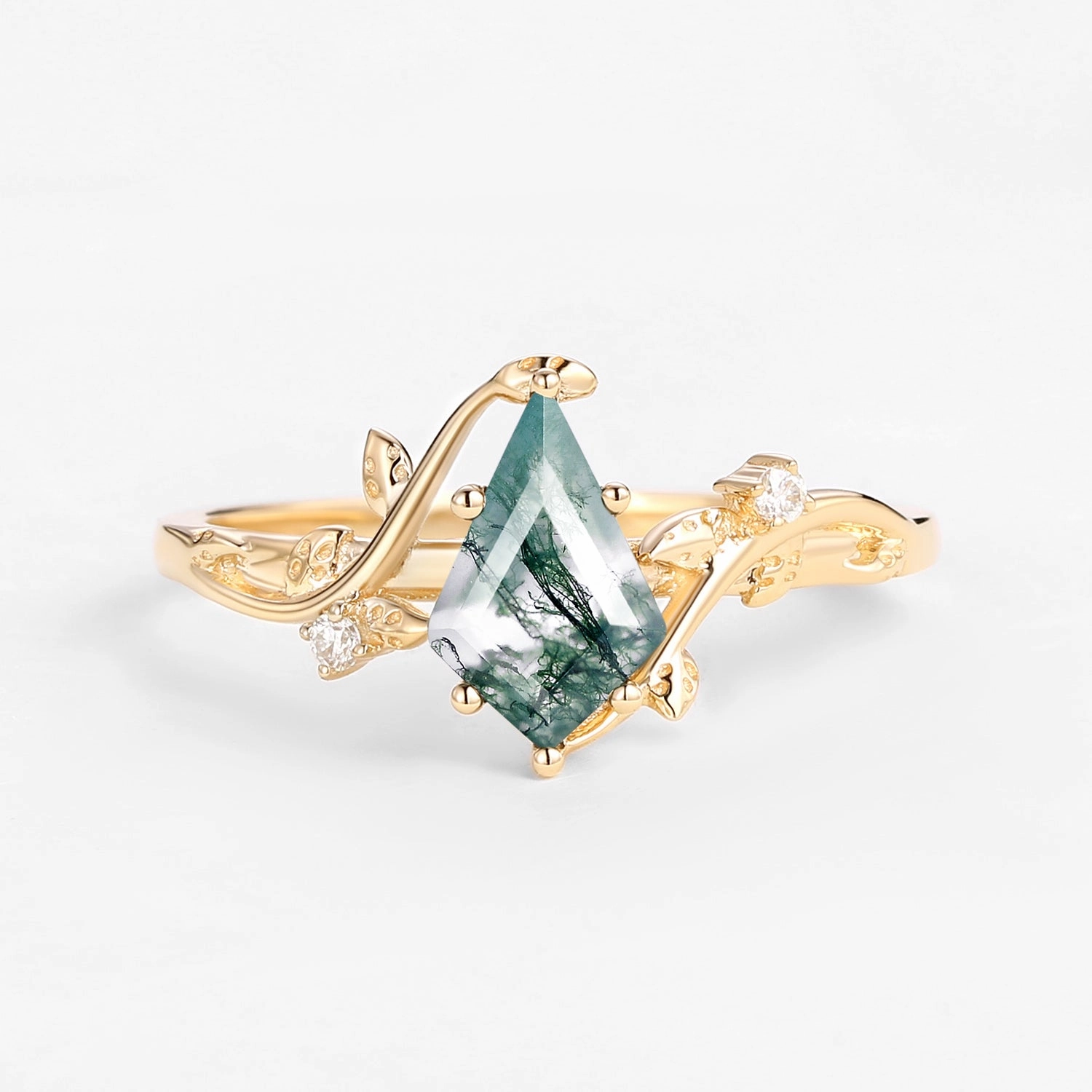 All Season Delicate Charm Unique Kite Cut Moss Agate Leafy Engagement Ring - Willow